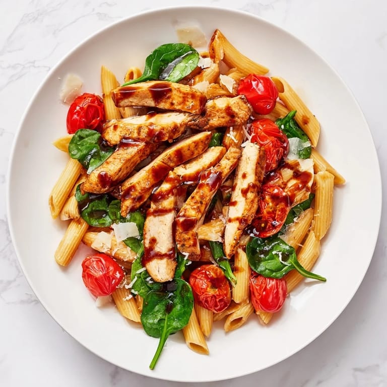A rustic skillet serving of balsamic glazed chicken pasta topped with grated Parmesan and fresh basil.  
