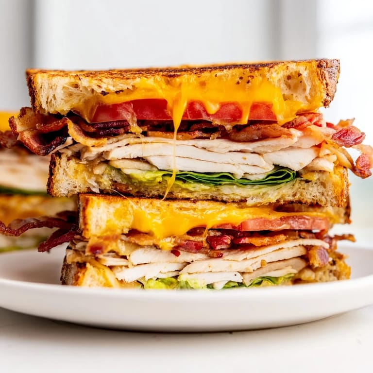 Served on a rustic wooden board with a side of pickles, this hot and crispy Turkey Club Grilled Cheese is a perfect lunch.