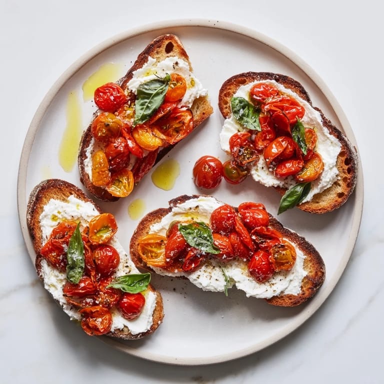 Warm, roasted tomatoes and fluffy whipped ricotta spread on crispy sourdough for a vegetarian snack or light lunch.
