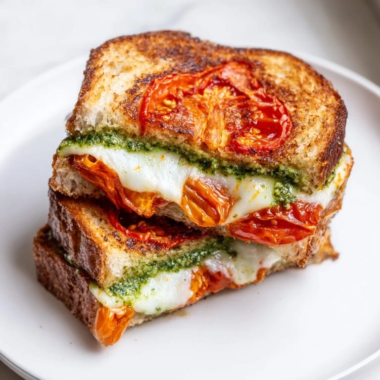 A warm Roasted Tomato Pesto Grilled Cheese, featuring slow-roasted tomatoes and gooey cheese layered between buttery, crispy slices of artisan sourdough bread.