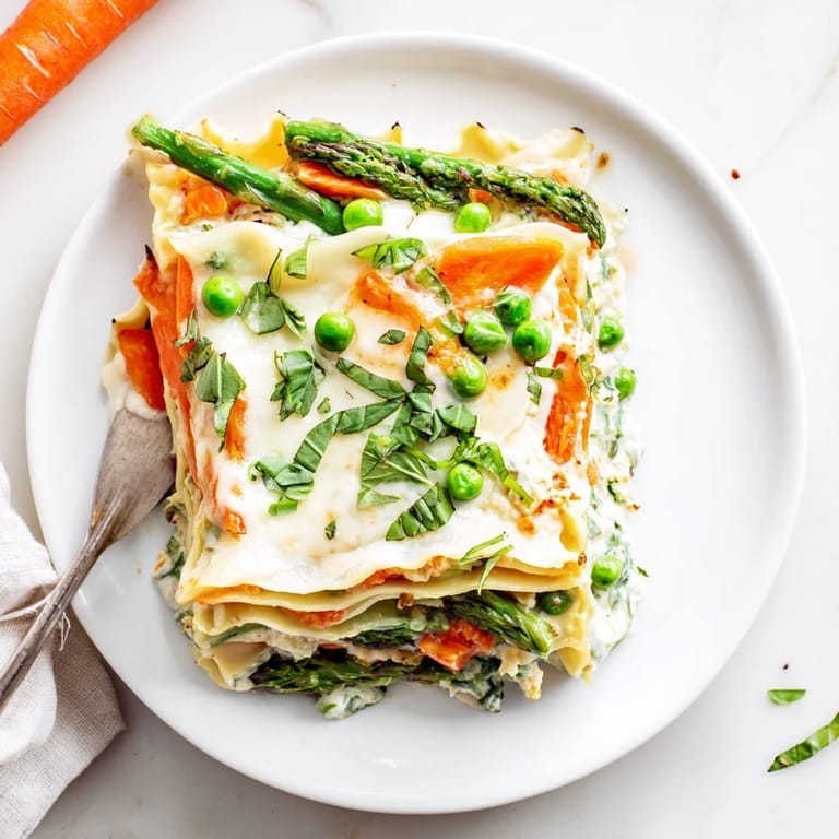 Spring Veggie Alfredo Lasagna with bubbling mozzarella and fresh basil garnish, ready to serve on a rustic wooden table for a family meal.