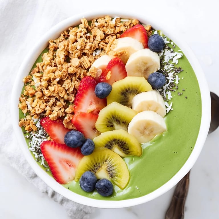 A vibrant Green Smoothie Bowl with creamy spinach base and fresh fruit toppings, perfect for a nutritious snack.  