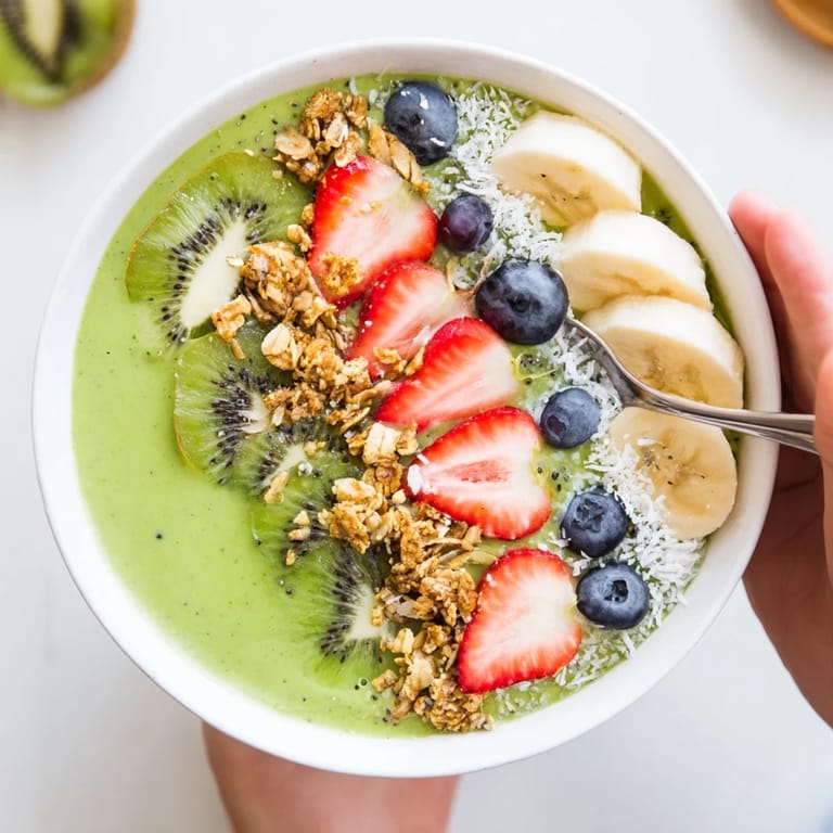 An overhead view of a Green Smoothie Bowl with sliced bananas and granola, served in a white ceramic bowl.