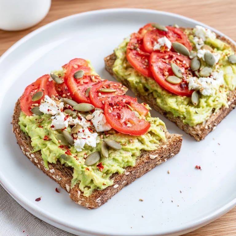 Bright lemon juice and sea salt season the ripe avocado, creating a fresh, savory breakfast or snack.  