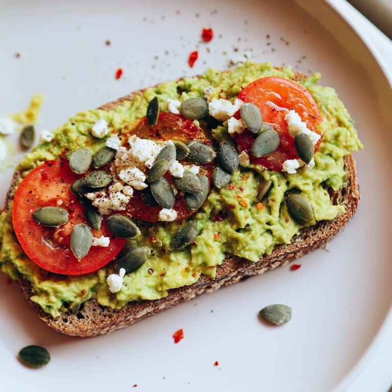 Finished with pumpkin seeds and tomato slices, this wholesome Avocado Toast on Whole Grain is served immediately.