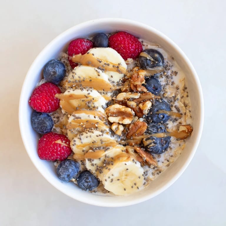 Creamy Overnight Oats With Chia Seeds beside sliced banana and chopped almonds, ready to enjoy straight from the fridge on busy mornings.