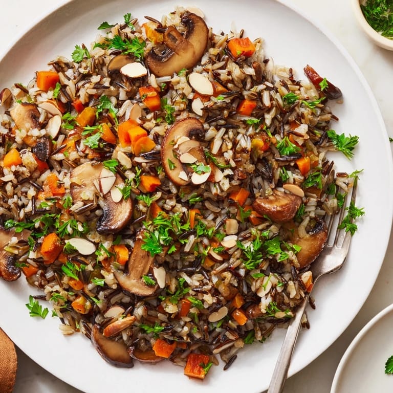 Hearty vegetarian side dish featuring tender wild rice and golden-brown sautéed mushrooms, served warm in a rustic bowl.