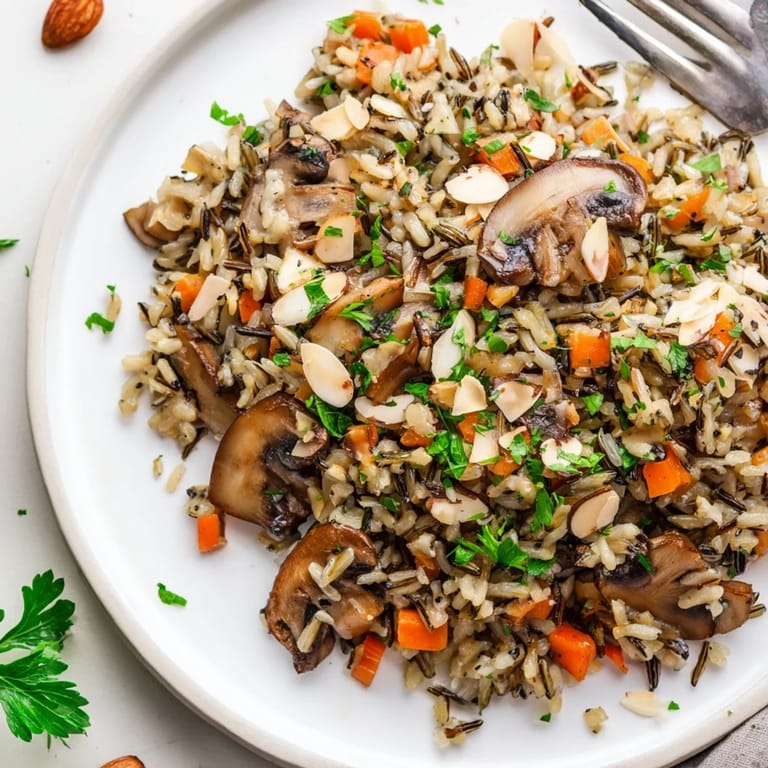 Savory American Wild Rice and Mushroom Pilaf, with earthy cremini mushrooms and carrots, perfect alongside roasted chicken or pork.