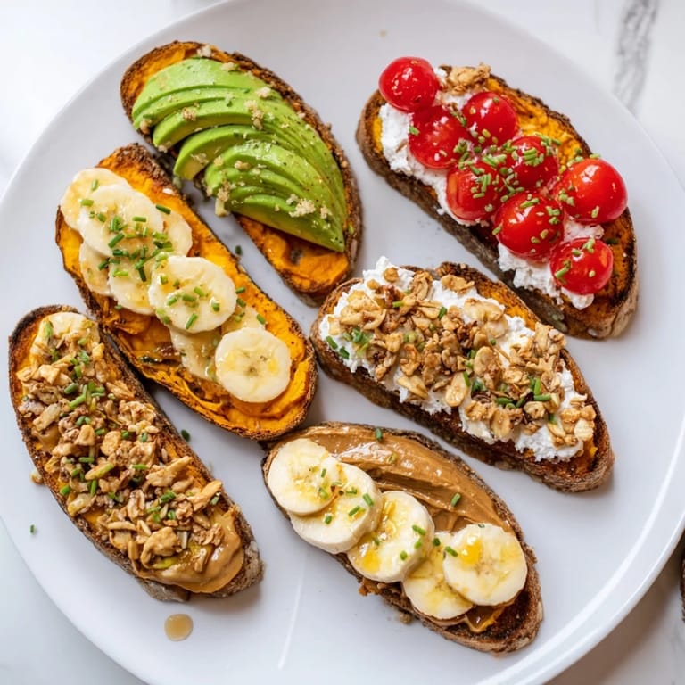 Fork-tender sweet potato toast variations, one spread with peanut butter and topped with banana slices and crunchy granola.