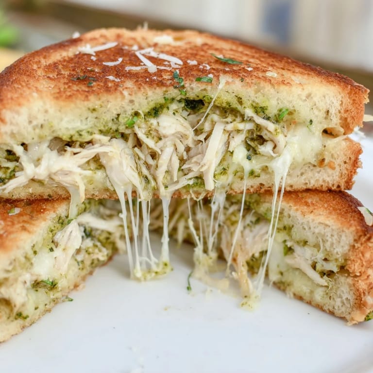 A freshly made Mozzarella Pesto Chicken Grilled Cheese on a wooden cutting board, featuring toasted sourdough bread and vibrant green pesto spread.