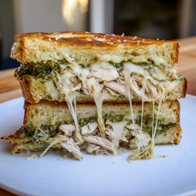 The gooey interior of a Mozzarella Pesto Chicken Grilled Cheese, with melted mozzarella and shredded chicken peeking out from between crispy bread slices.