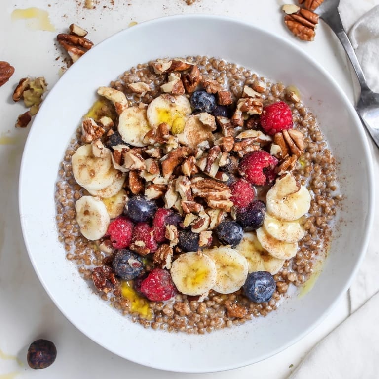 A nourishing bowl of buckwheat groats breakfast garnished with cinnamon and chopped almonds, served with a splash of oat milk.