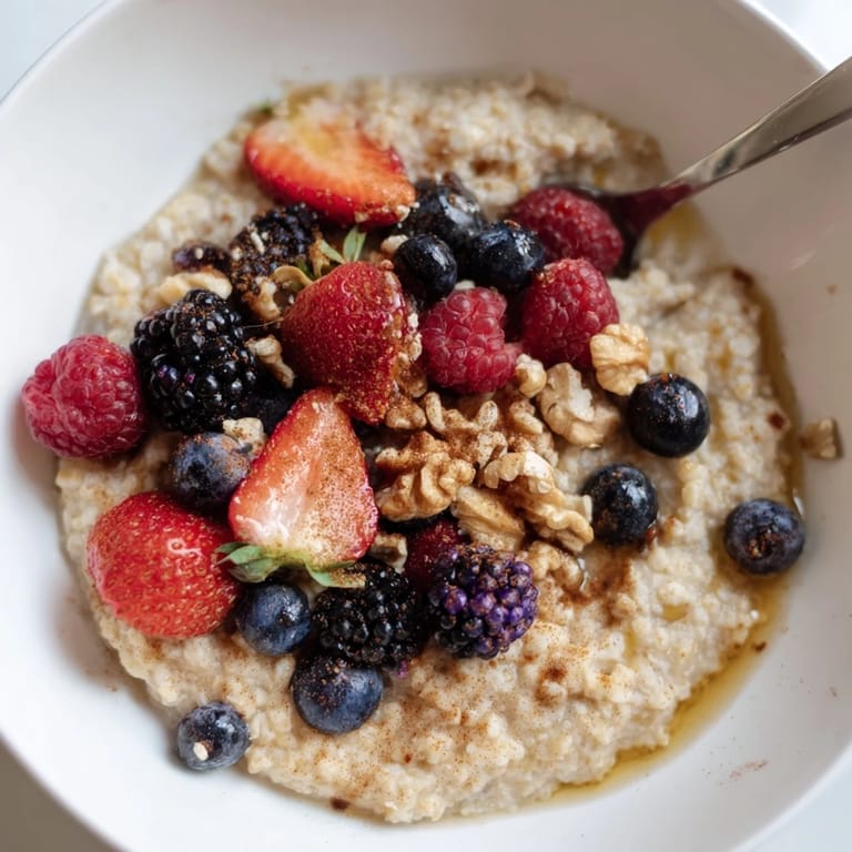 Comforting breakfast bowl of millet porridge, fresh berries, and drizzle of maple syrup.
