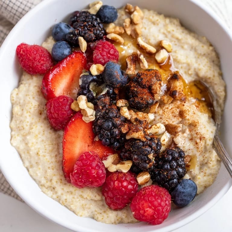 Warm millet porridge with antioxidant-rich berries and a sprinkle of cinnamon and nuts.  