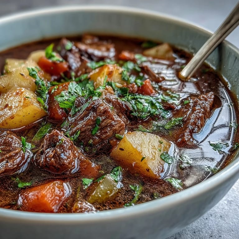 A hearty Beef and Vegetable Soup simmering in a Dutch oven, featuring root vegetables, green beans, and peas.