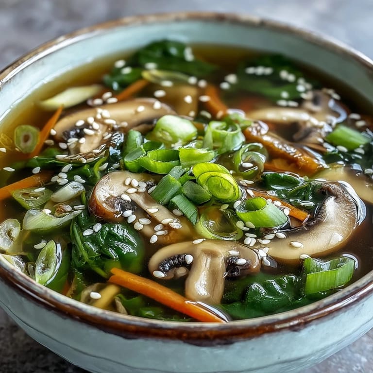 Close-up of Miso Ginger Winter Soup featuring wilted baby spinach and a drizzle of chili oil.