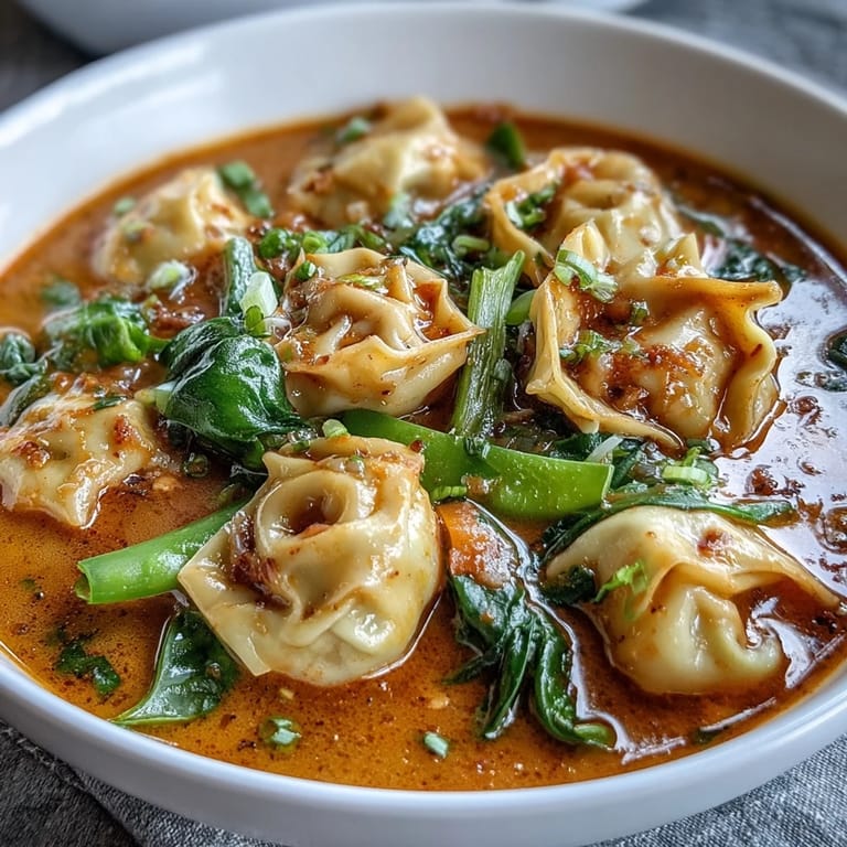 A steaming bowl of Red Curry Wonton Soup With Greens garnished with fresh cilantro and green onions, ready to serve for a quick weeknight dinner.