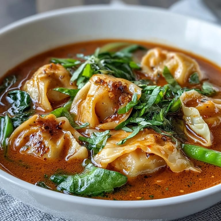 Overhead view of Red Curry Wonton Soup With Greens in a rustic pot, highlighting colorful carrots and wilted spinach floating in fragrant coconut curry broth.