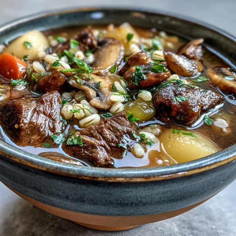 Steaming bowl of Vegetable Beef, Barley, and Mushroom Soup, garnished with fresh parsley and served alongside crusty artisan bread for dipping.