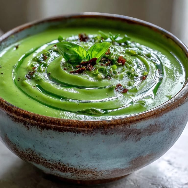 A bright bowl of Courgette, Pea and Pesto Soup topped with a swirl of pesto and olive oil, served as a light spring lunch.