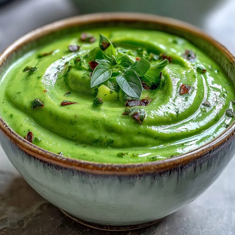 Hearty Courgette, Pea and Pesto Soup ladle held over a pot, showcasing the smooth, vibrant green texture of this easy vegetarian meal.