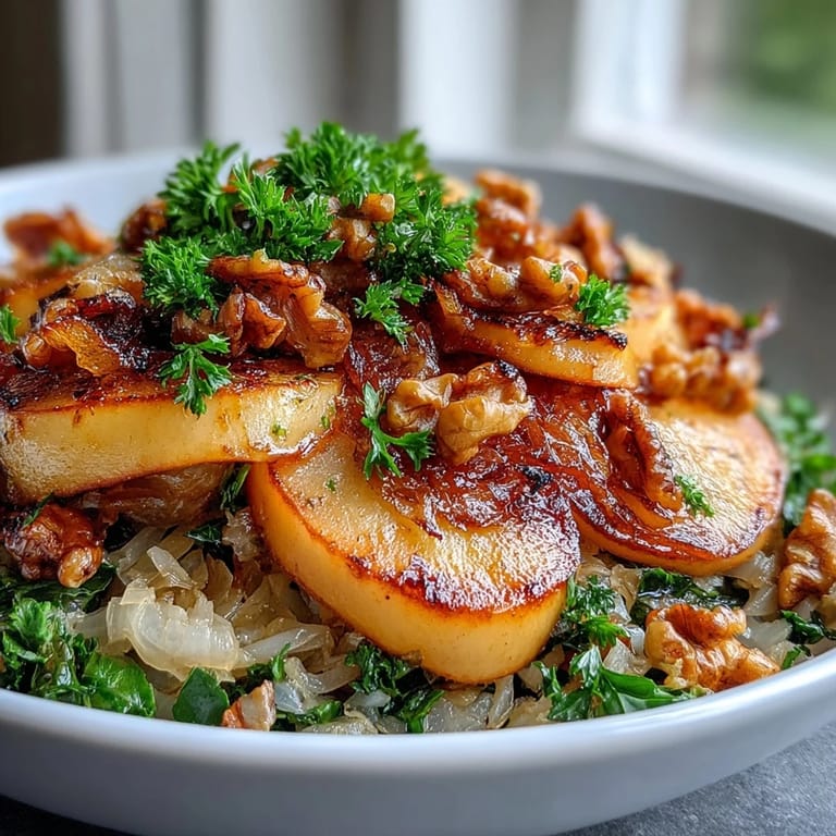 Stirring Warm Apple and Sauerkraut Skillet Salad with greens in a skillet for a tangy, sweet side dish.