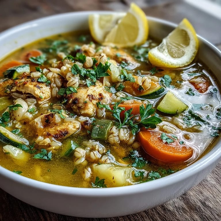A steaming bowl of Soothing Turmeric Chicken With Pearl Barley, featuring tender chicken, carrots, and zucchini, perfect for a cozy meal.