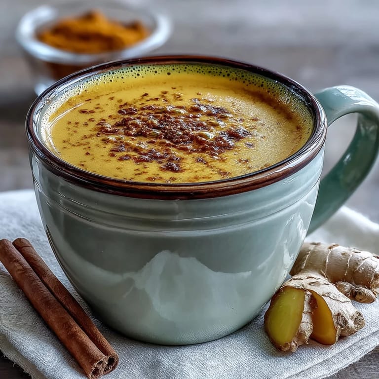 Two warm mugs of Turmeric and Ginger Golden Milk garnished with fresh ginger slices and cardamom pods.