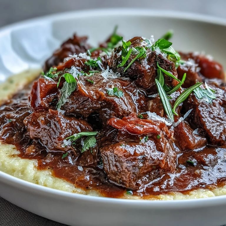In a rustic bowl, creamy polenta is topped with hearty venison stew with sloe gin, garnished with fresh thyme.