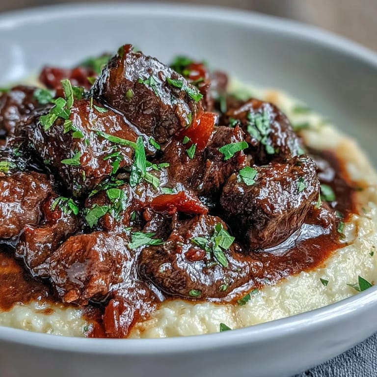 Steaming venison stew with sloe gin is spooned over fluffy polenta, showcasing a comforting winter dinner for four.