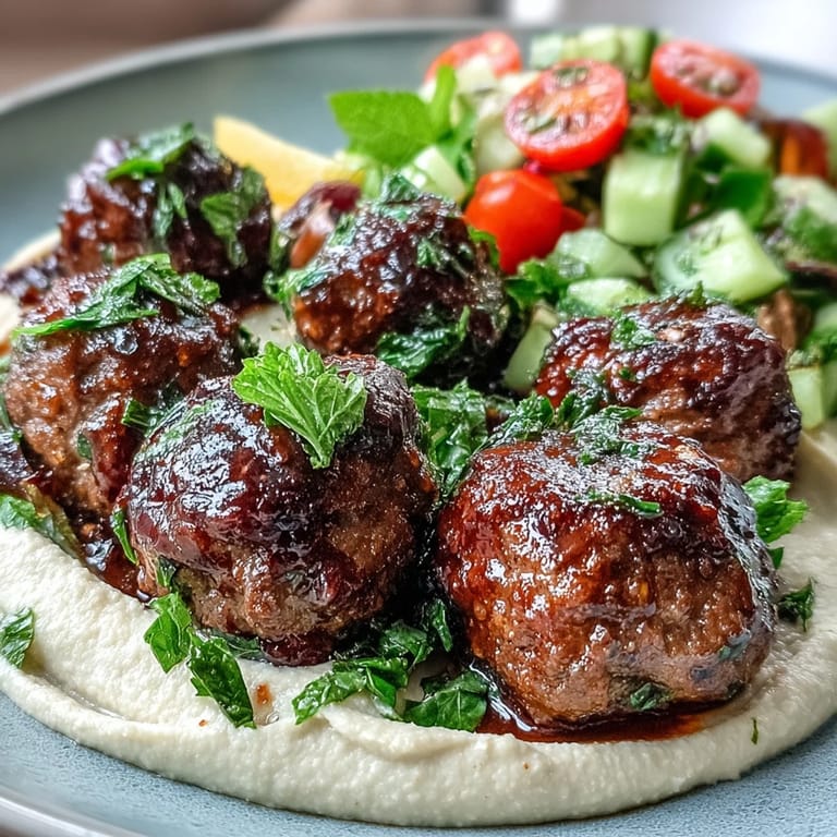 Close-up of spiced venison meatballs served over colorful salad with a side of smooth hummus.  