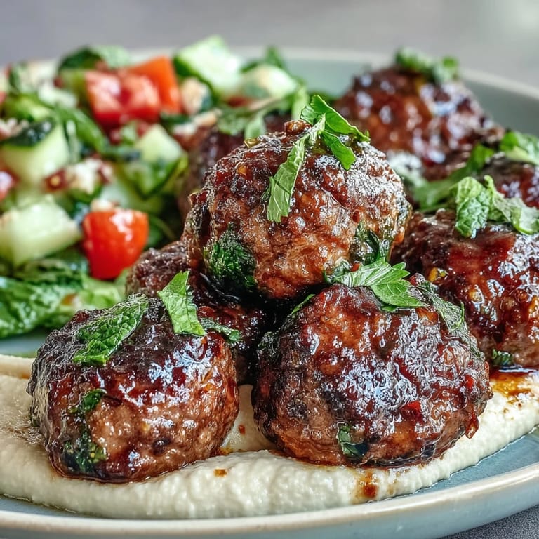 Plated venison meatballs, spiced salad, and hummus, drizzled with olive oil for a Mediterranean fusion meal.