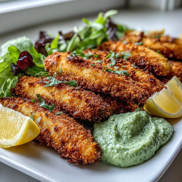 Crispy baked haddock goujons coated in Parmesan and panko sit next to creamy pea pesto in a small bowl.