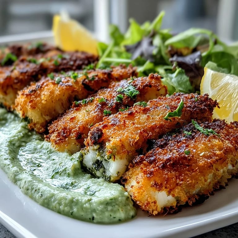 Freshly baked haddock goujons with Parmesan crust and pea pesto on a plate with lemon wedges and salad.