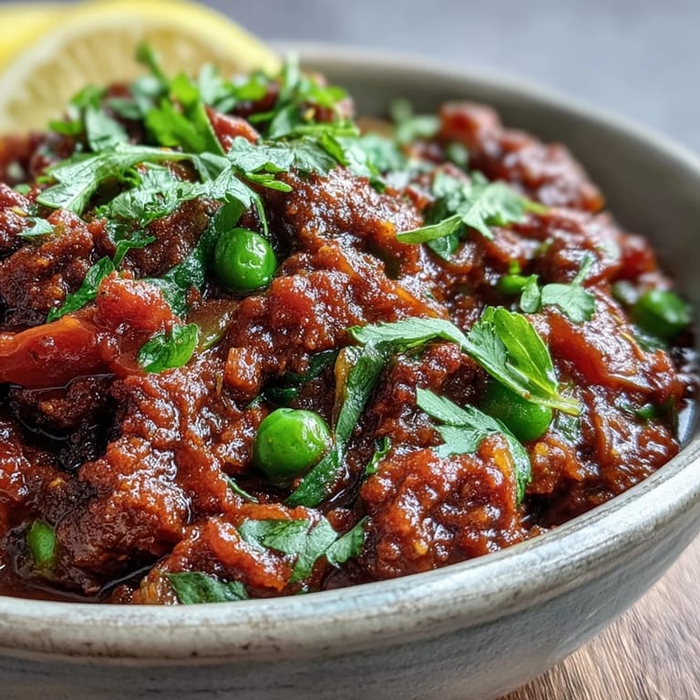 Freshly cooked Venison Keema Curry in a rustic pot, garnished with lemon wedges and chopped cilantro, ready for a cozy family dinner.