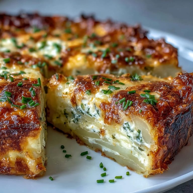 A rustic golden-bubbly Cheese and Potato Pie rests in a dish, garnished with fresh chopped chives.