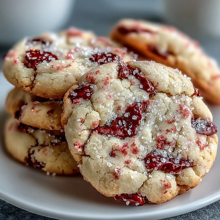 Golden-baked Soft Chewy Raspberry Sugar Cookies, tender and chewy, served beside a glass of cold milk for dipping.