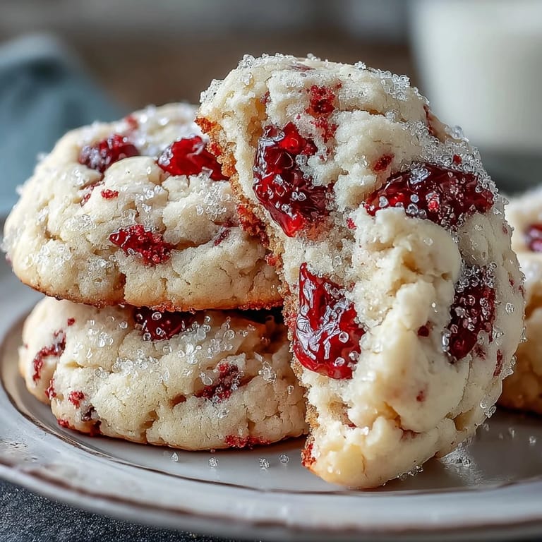 Freshly-baked Soft Chewy Raspberry Sugar Cookies on a wire cooling rack, showcasing vibrant raspberries and crackled tops.