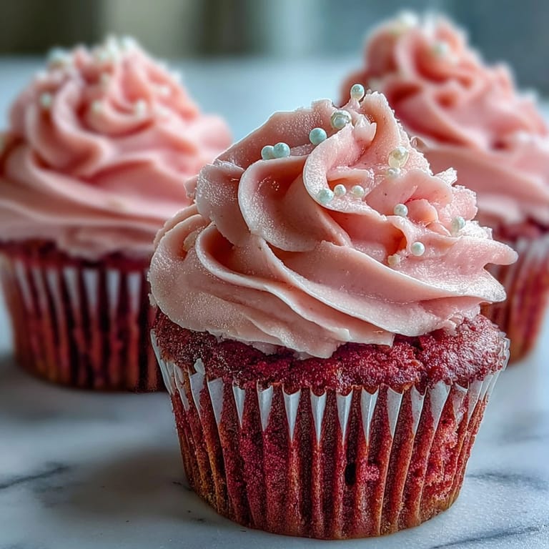 A close-up of Pink Velvet Cupcakes with Vanilla Buttercream Frosting, showing moist crumbs and piped swirls next to a cup of coffee.