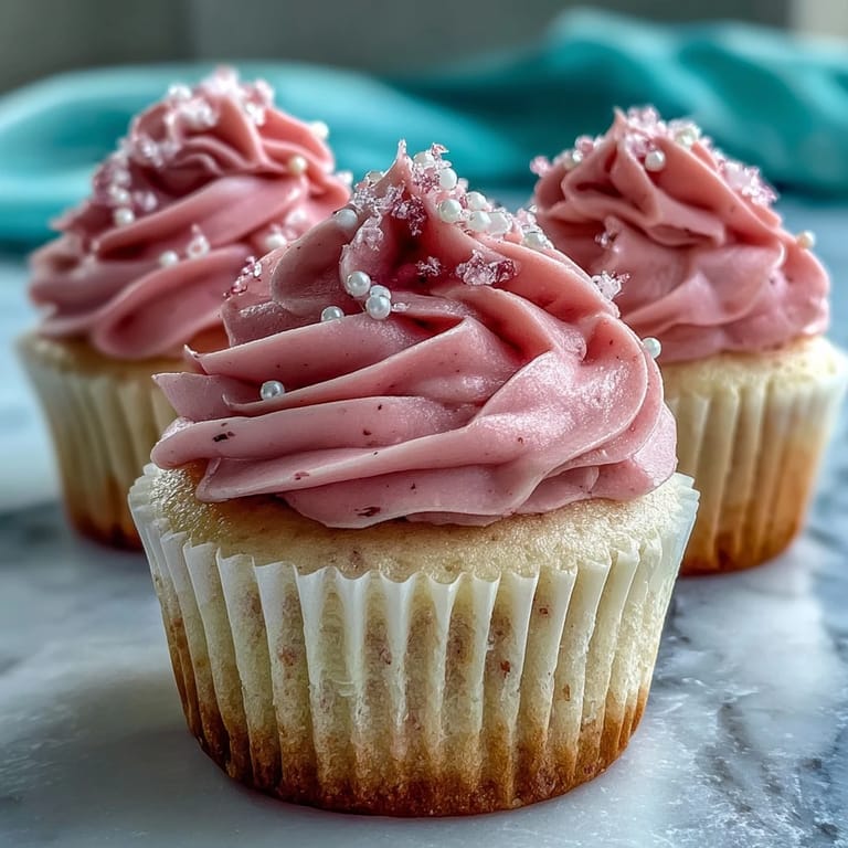 Newly baked Pink Velvet Cupcakes with Vanilla Buttercream Frosting topped with edible pearls, ready to serve at a birthday party.