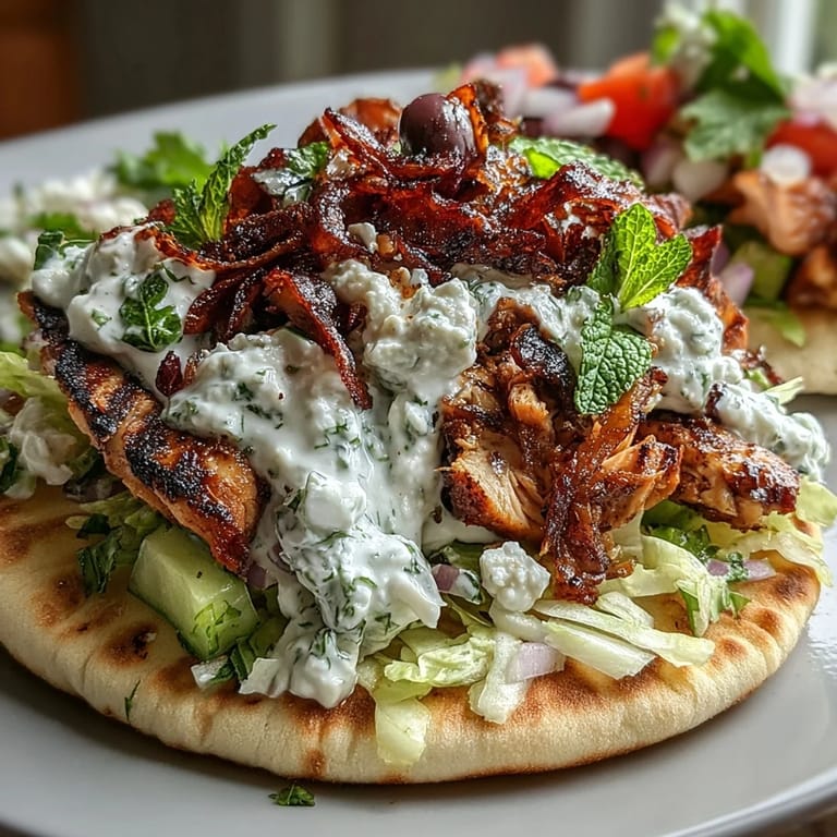 Freshly assembled Mediterranean Chicken Gyros stuffed with charred chicken, crunchy veggies, and a generous dollop of creamy feta tzatziki.