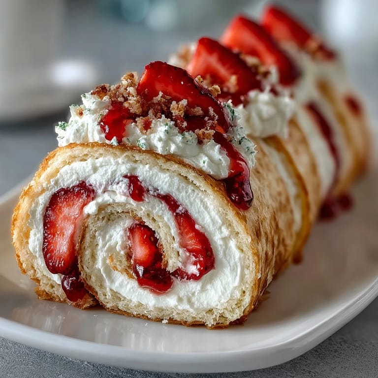 A slice of Strawberry Shortcake Sushi Roll shows delicate layers of berries and cream, ready to be enjoyed for dessert.