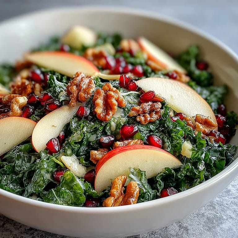 A close-up of the vibrant Kale and Pomegranate Bowl glistening with olive oil dressing, ready to serve as a healthy vegetarian meal.