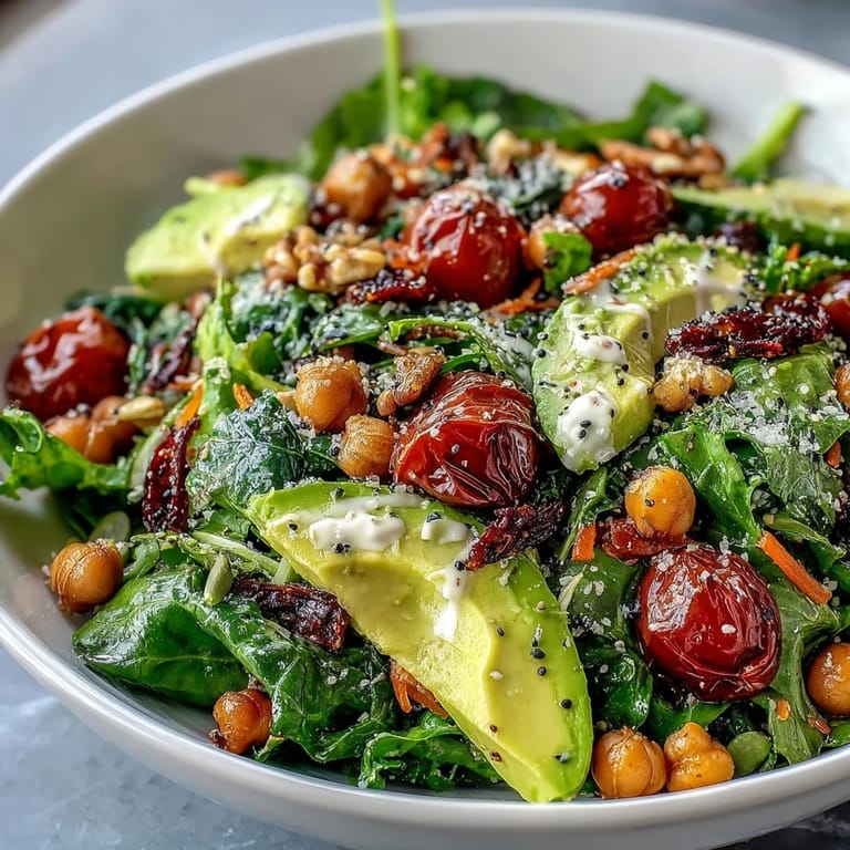 A vibrant Mixed Greens Power Bowl featuring chickpeas, crunchy walnuts, and pumpkin seeds on a bed of colorful greens.