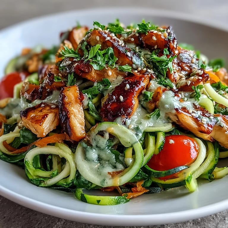 Two vibrant bowls of Spiralized Vegetable Bowl topped with sliced grilled chicken, fresh herbs, and toasted sesame seeds.