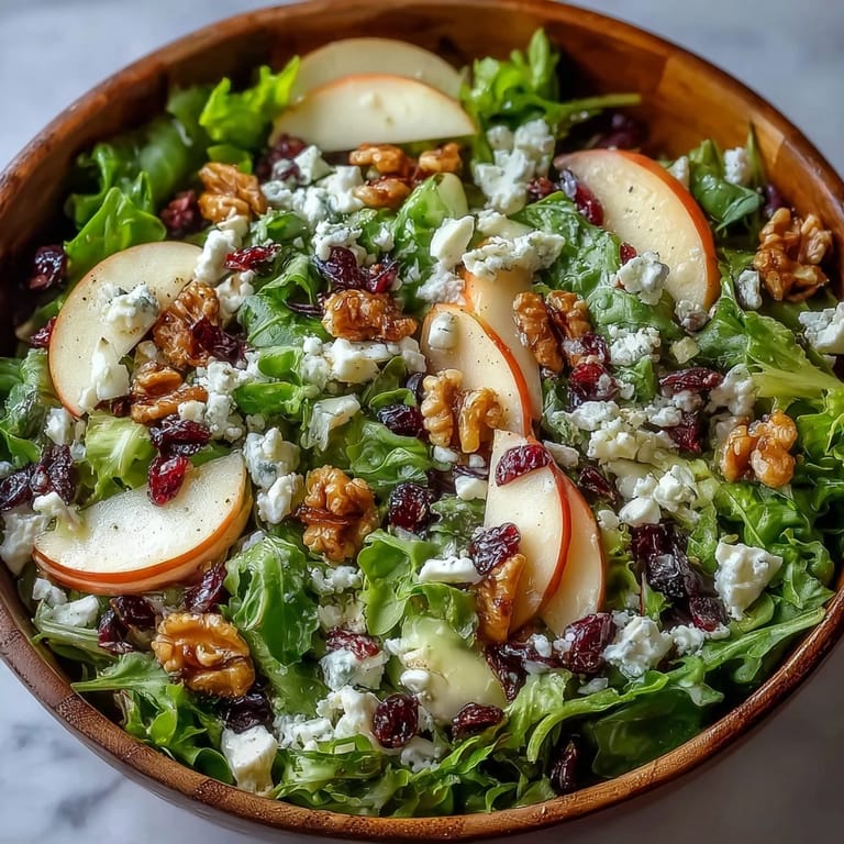 Freshly tossed Mixed Greens and Apple Salad featuring crisp greens, sweet apple slices, and crumbled cheese, ready for a healthy lunch or dinner side.