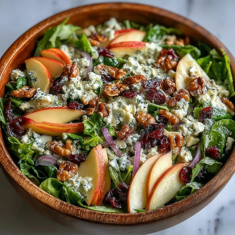 Overhead view of a Mixed Greens and Apple Salad bowl with vibrant greens, red onion, dried cranberries, and walnuts drizzled with dressing.