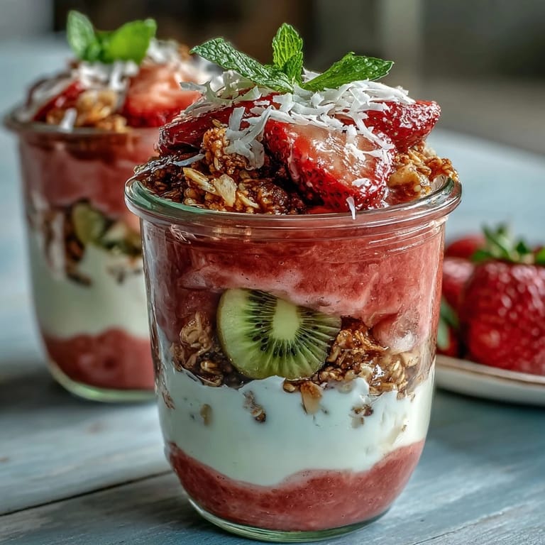 A tropical guava yogurt parfait topped with mint and coconut beside a green tea.