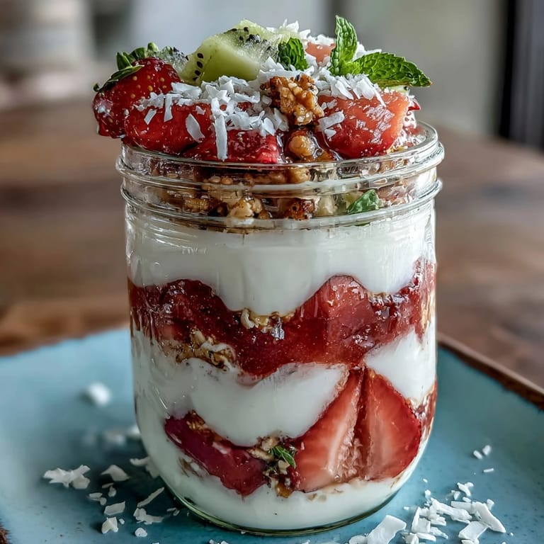Overhead view shows guava yogurt parfait with creamy layers and fresh fruit in jars.