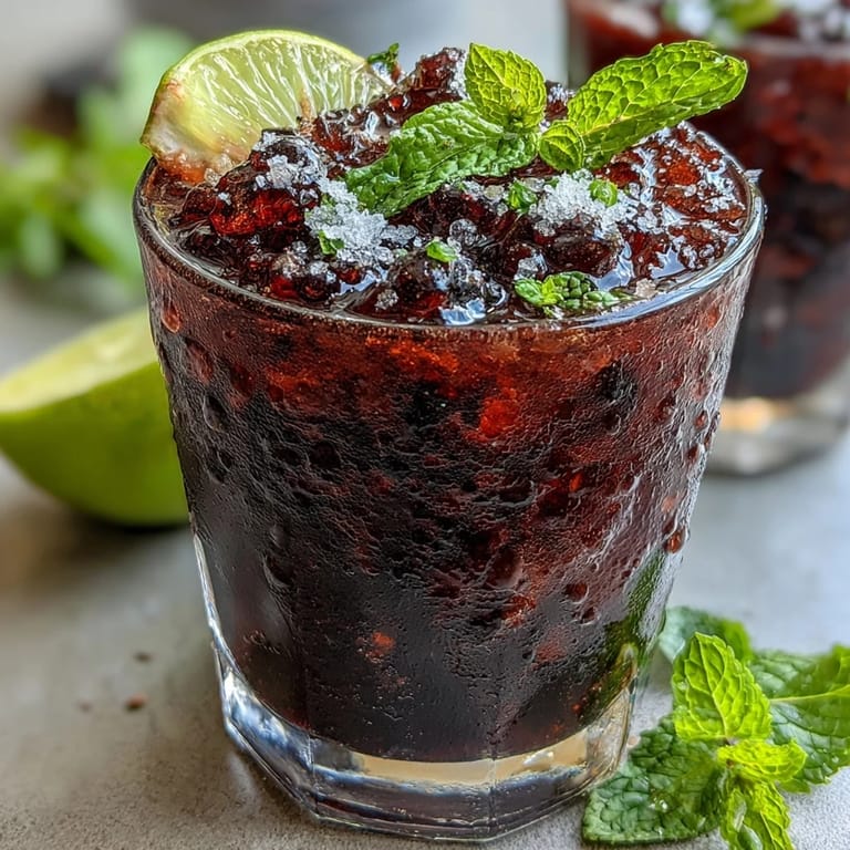 Refreshing Black Currant Mojito with rum and club soda, perfect for cooling down on a warm summer evening.